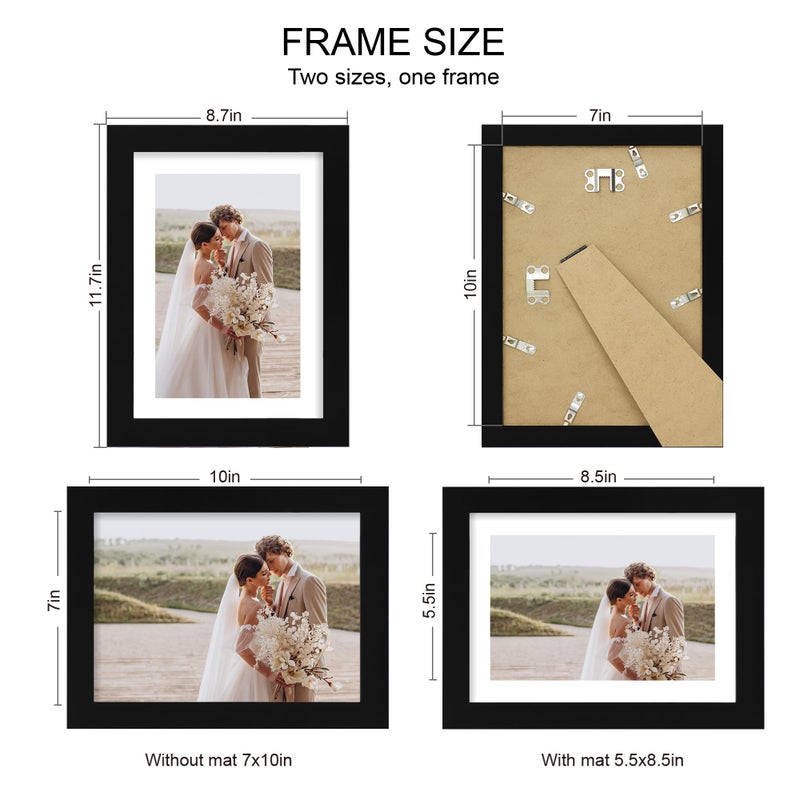 Hongkee 7x10 Picture Frame Set of 4, Made of Real Glass and Black Frame - Display Picture 5.5x8.5 with Mat or 7x10 Without Mat, 7 by 10 Photo for Wall or Tabletop - Image 2